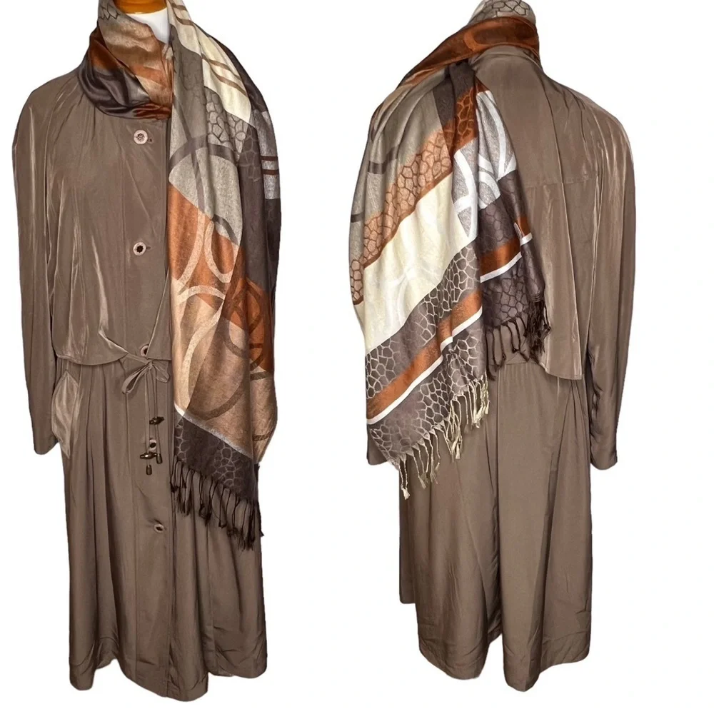 Women’s Brown Neutral Tones Color Block Fringe Faux Cashmere Scarf Shawl Wrap